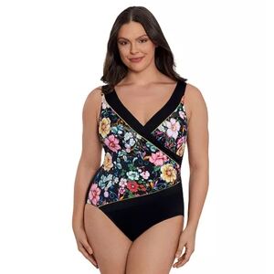 Longitude swimsuit 8 black floral one piece tummy control shapewear new $125